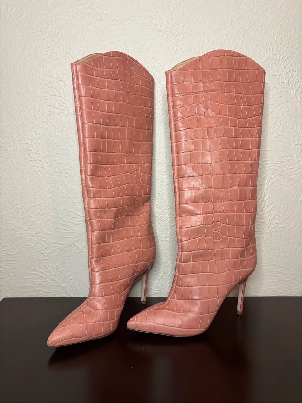Schutz Maryana Croco Stiletto Tall Wide Boots Quartz Pink
